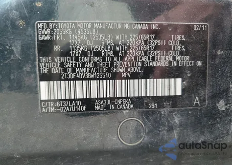 2011 Toyota Rav4 Limited из США, поврежденный, VIN 2T3DF4DV3BW125540